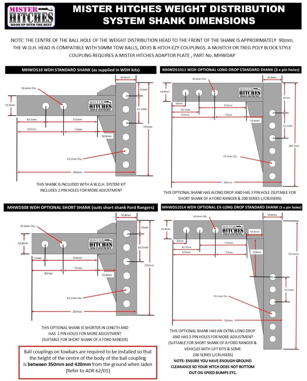 Mister Hitches Standard Drop Shank For Weight Distribution System